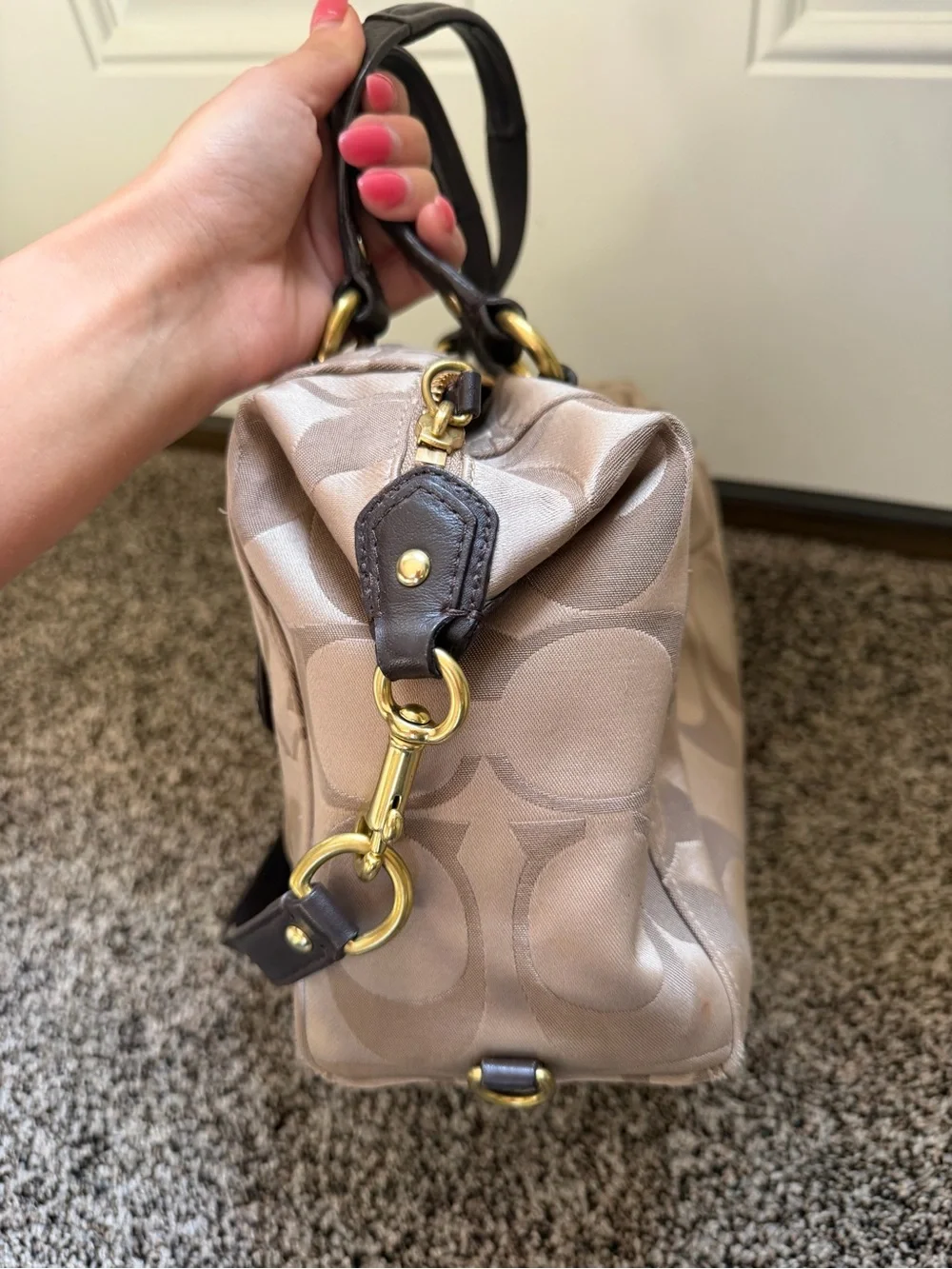 Coach Signature Buckle Satchel Bag Tan Brown Convertible Shoulder Bag